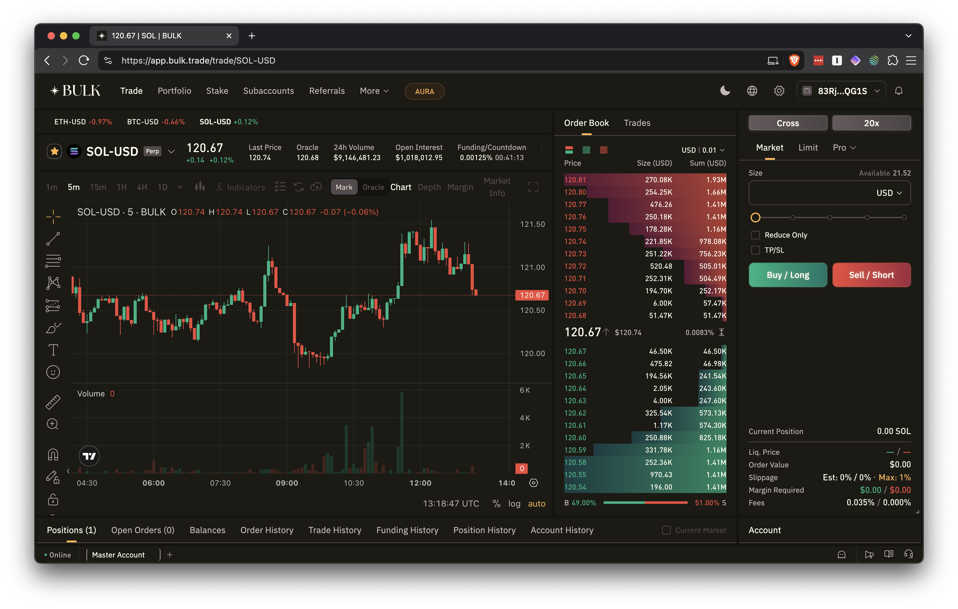 BULK SOL-USD perpetual trading interface with order book and position controls